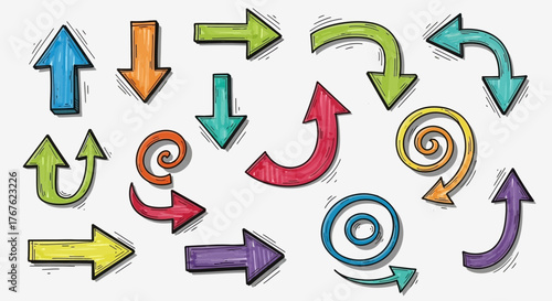 Vibrant hand-drawn arrows in various directions, artistic illustration suitable for presentations
