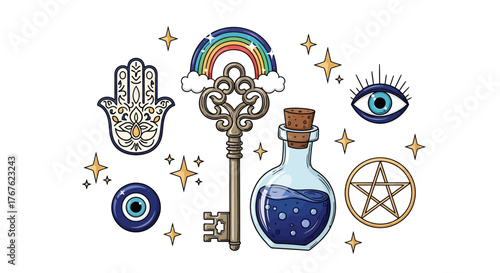 Magical amulet composition with key, rainbow, hamsa, eye, potion and pentagram isolated on white