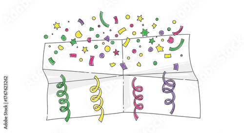 Artistic portrayal of a celebratory moment with colorful confetti and streamers in a box style