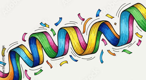 Vibrant party streamer floating amidst scattered confetti, a hand-drawn celebration illustration