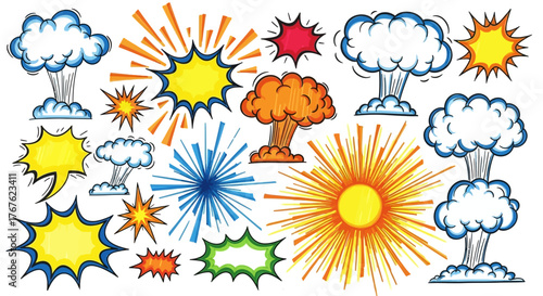 Comic style explosion and burst vector graphics for creative designs and animation effects