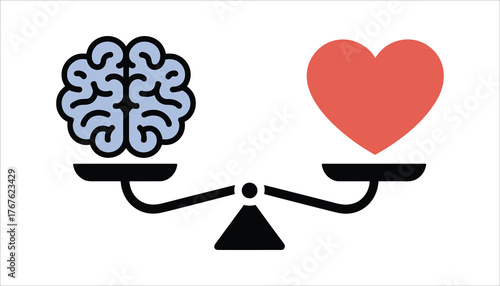 Balance scale with brain and heart icons on white background weighing comparison