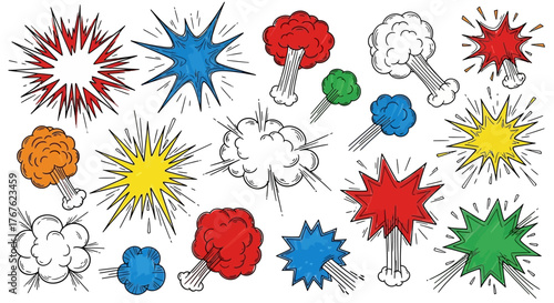 Collection of hand-drawn colorful comic explosion effects illustrations for creative projects and