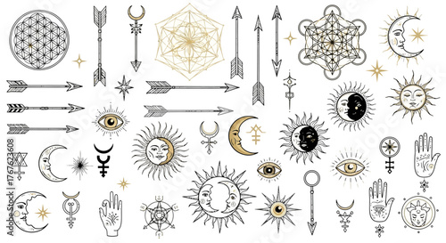 Mystical celestial elements collection with esoteric symbols and zodiac signs