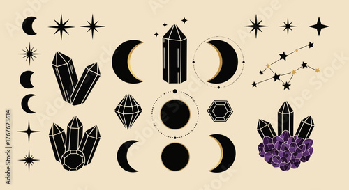 Celestial harmony: Mystical moons, sparkling stars and gemstone energy collection in black and gold