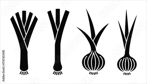 Four black silhouette vegetable icons leek and onion on white background food