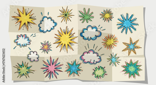 Stylized starbursts and cloud illustrations adorning a folded paper surface for creative designs