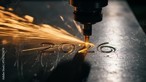High precision laser engraving of the number 2026 onto a steel plate, forging a powerful happy new year 2026 concept