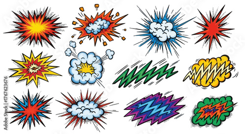 Vibrant comic explosion effects collection representing energy and dynamic action in various