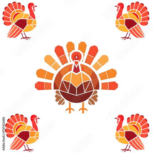Abstract geometric turkey vector icon in modern flat minimal style for Thanksgiving