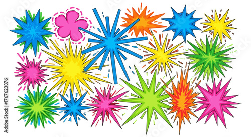 Vibrant cartoon explosions creating a burst of colorful energy and playful design for cheerful