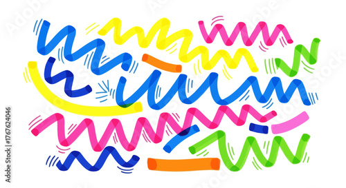 A lively composition of colorful wavy lines and strokes creates a playful vibrant background