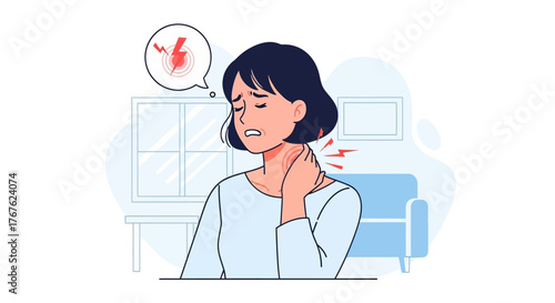Woman Experiencing Neck Pain and Discomfort, Illustrated with a Thought Bubble Showing Jagged Lines and Lightning Bolts