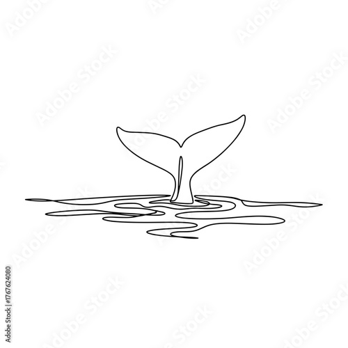 Whale tail emerging from water in minimalist line drawing style  