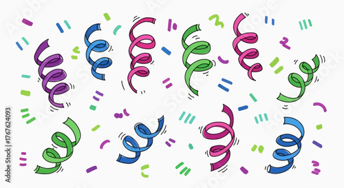 Festive celebratory background with colorful serpentine and confetti in cheerful pastel hues