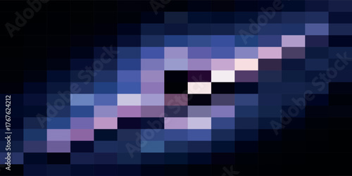 A vibrant, pixelated representation of a swirling spiral galaxy set against the dark backdrop of outer space.