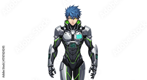 Futuristic Anime Character in Sleek Cybernetic Armor with Neon Green Accents, Posed Against a White Background