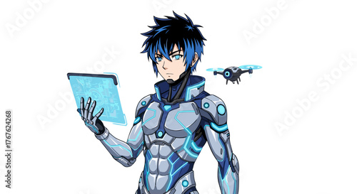 Futuristic character in advanced cybernetic suit analyzing data on a holographic tablet with a small drone hovering nearby
