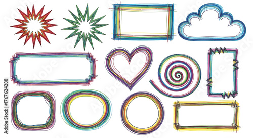 Artistic collection of hand-drawn geometric shapes and borders vibrant and playful design elements