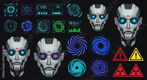 Futuristic elements of robots and virtual screens, creating a modern and technological atmosphere