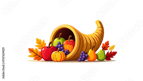 Full Cornucopia Filled with Autumn Fruits, Vegetables, and Leaves – Vector Graphic Element