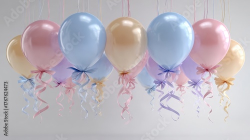 Colorful Balloons in Pastel Shades with Ribbons and Streamers