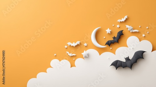 Playful Halloween Theme with Bats, Moon, and Stars on Orange Background