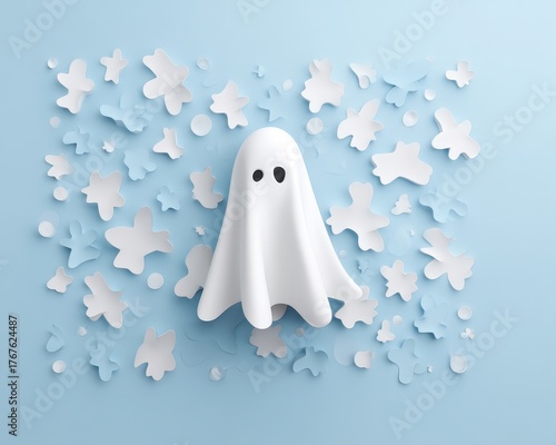 Cute Ghost Character Surrounded by Paper Cutouts on Blue Background