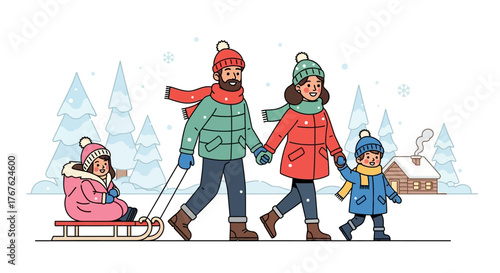 Happy family enjoying a winter day, pulling a child on a sled through snowy landscape