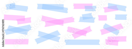 Pink and blue  washi tapes with torn edges. Cute decorative masking tape pieces for scrapbook design, planner decoration, or creative paper crafts. Vector illustration.