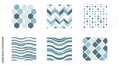 Geometric seamless patterns with hexagons, chevrons, and waves in blue tones