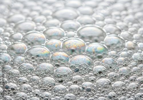 Closeup of Soap Bubbles Macro Photography, Water Droplets, Reflective Iridescent Spheres, Abstract Background.