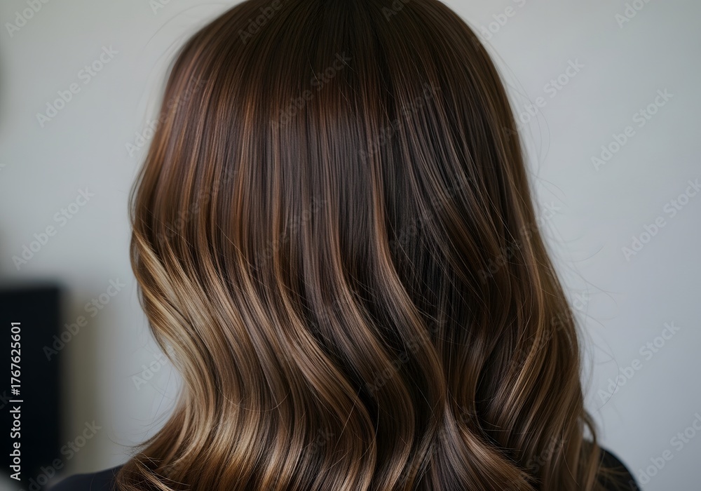 Fototapeta premium Chic Brunette Hair with Highlights Stylish Haircut, Brown, Blonde, Textured, Wavy, Shiny, Fashionable, Modern Look.