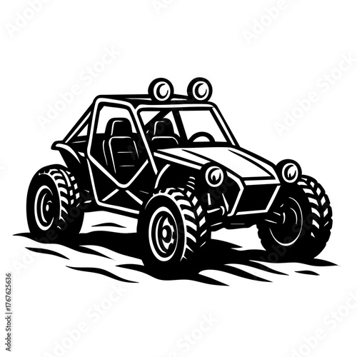 dune buggy parked on sand with visible roll bars