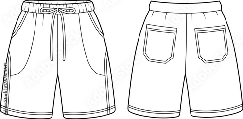Casual shorts template, front and back view, drawstring waistband, patch pockets, relaxed fit, fashion sketch, vector garment design, clothing mockup
