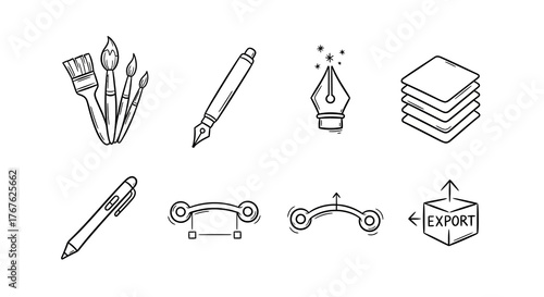 Creative design tools icons: linear set of brushes, pens, export symbols, and…