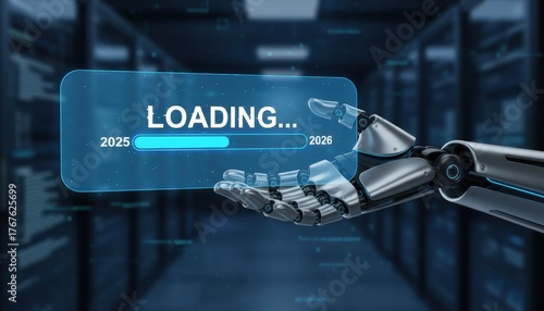 Digital Dawn: A futuristic robotic hand cradles a transparent screen displaying a LOADING... progress bar.