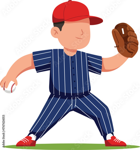 Faceless boy in baseball stance, getting ready to pitch. Suitable for sportsthemed designs, childrens books, or baseballrelated projects.