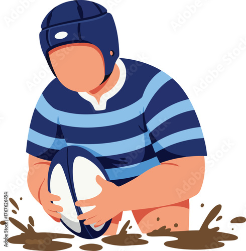 Rugby player in muddy water with a helmet and ball. Active sports, rugby games, team sports, determination, strength, competition concepts.