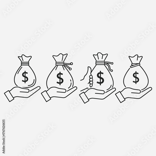 Money Bags in Hands Finance Icons Set with Currency Support
