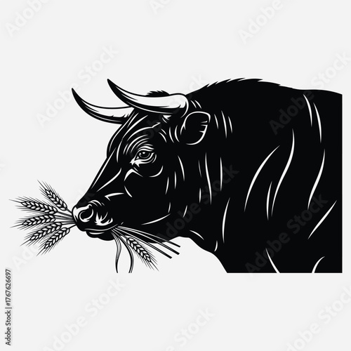 Powerful bull with wheat in its mouth, symbolizing strength and agricultural abundance