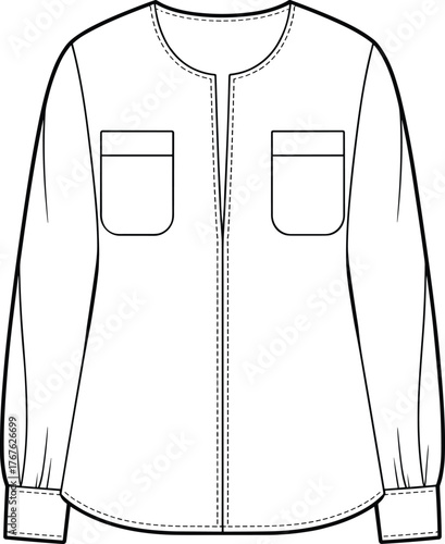 Long sleeve shirt template, round neckline, chest flap pockets, gathered cuffs, curved hemline, fashion sketch, vector garment design, mockup
