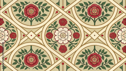 Tudor Rose Lattice Seamless Pattern, European Western Heraldic Floral Tile, Medieval Renaissance Geometric Trellis, Red White Green Gold Vintage Vector Repeat Wallpaper Background