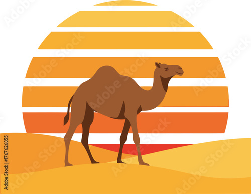 Desert Camel with Retro Sunset Stripes | Clean Flat Vector Illustration