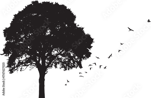 Admire Serene Tree Flying Birds Silhouette Art Nature Peaceful Decor Design Print