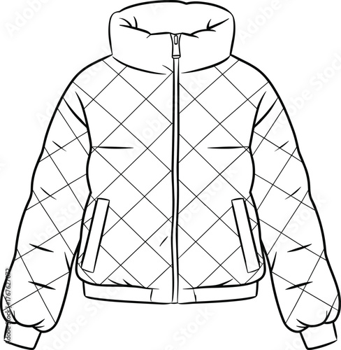 Quilted jacket template, front view, diamond stitching, zipper closure, ribbed cuffs, fashion sketch, vector garment design, clothing mockup