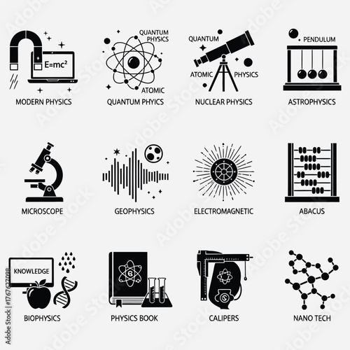 A collection of scientific icons in a flat monochrome style, representing various branches of physics, research, and educational concepts