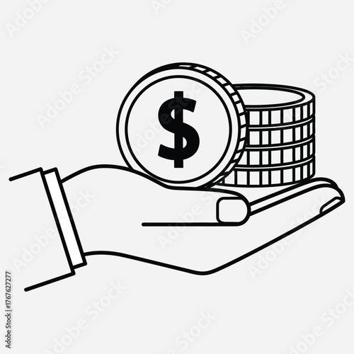 Outline vector graphic showing a human hand holding a stack of dollar coins, symbolizing financial transactions, savings, and economic support for business and personal finance concepts