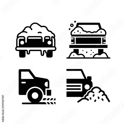 Snow on truck bumper icons and vehicle winter maintenance symbols for cold weather driving