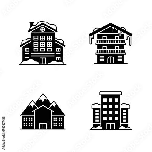 Ski Resort Hotel Facade Icons for Winter Accommodation and Travel